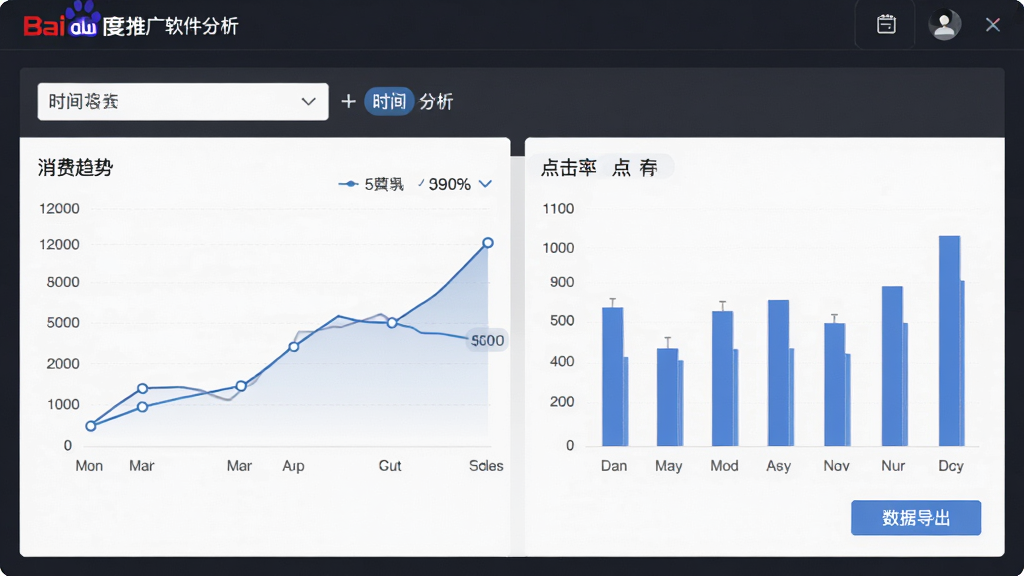 小鹿百度推广竞价软件数据报表分析界面,主体为软件中的数据图表展示区域,布局为上方时间筛选加下方折线图与柱状图组合,排版对称均衡,风格为素雅极简商务风,细节包括消费趋势线、点击率柱状图、数据导出按钮,画质高清,画面干净,无多余元素