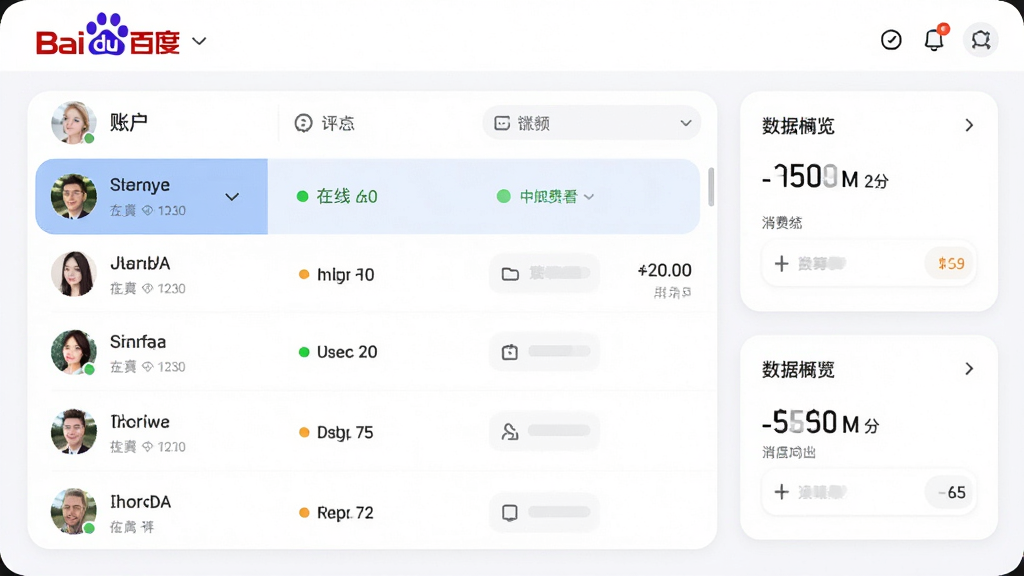小鹿百度推广竞价软件多账户管理面板,主体为软件中的账户列表与状态概览区域,布局为左侧账户列表加右侧数据摘要卡片,排版清晰分明,风格为柔和圆角现代风,细节包括账户头像、在线状态指示灯、消费汇总数字,画质高清,画面干净,无多余元素