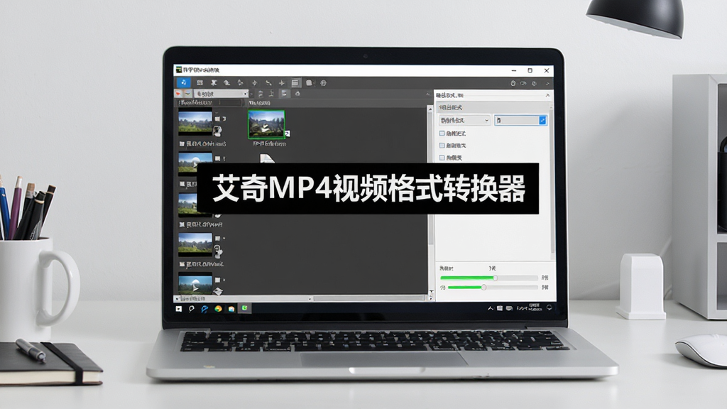 一台笔记本电脑屏幕显示视频格式转换软件界面,界面中央展示“艾奇MP4视频格式转换器”标题,左侧为视频文件列表,右侧为输出格式选项和进度条,背景是整洁的桌面环境,画面风格为写实科技风,细节清晰,画质干净,无多余元素