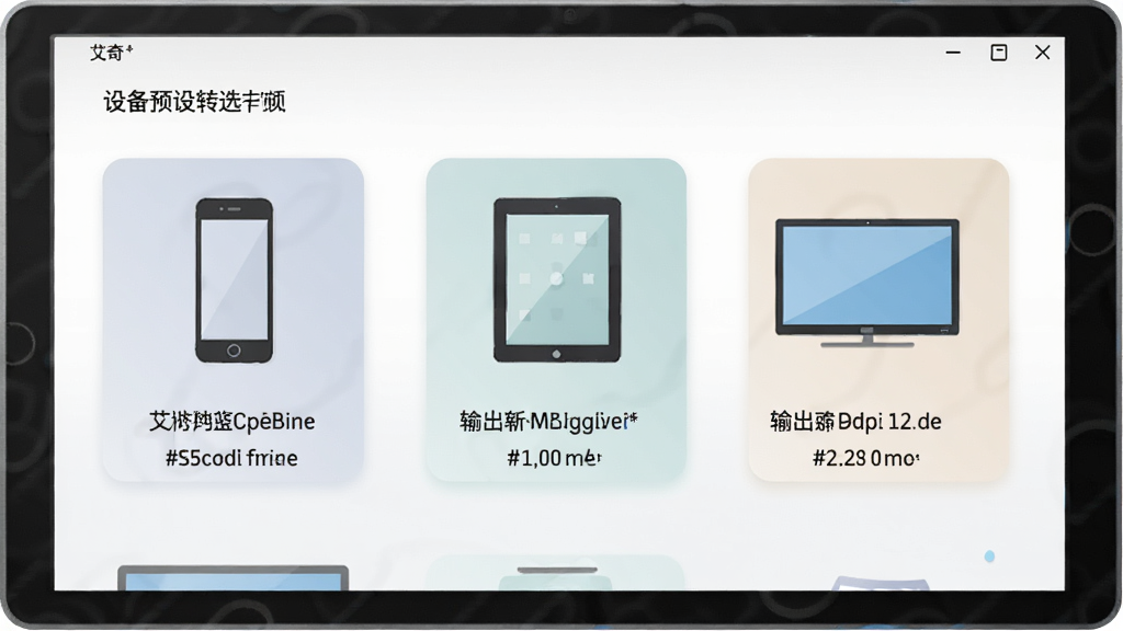 艾奇MP4视频格式转换器界面展示设备预设选项,屏幕上有手机、平板、电视等设备图标,每个图标下方标注输出参数,画面风格为扁平化设计,色调柔和,画质干净