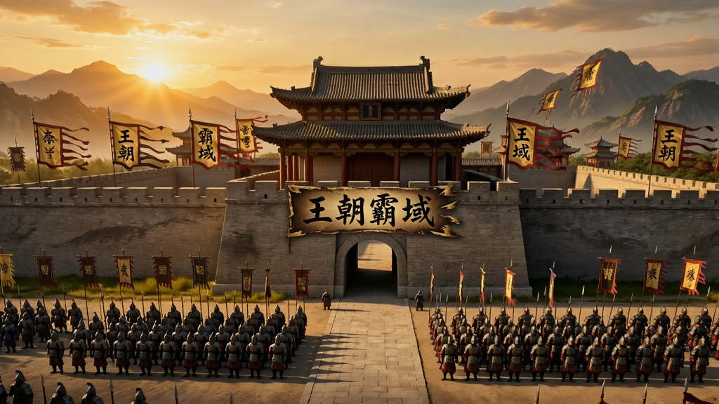 画面中央是一座宏伟的古代中国城池,城墙上旌旗猎猎,写着“王朝霸域”四个大字,城池前方是整齐排列的士兵方阵,远处群山连绵,天空呈现黄昏时的金色光芒,整体风格为写实中国风游戏原画,细节丰富,画质高清,画面干净,无多余元素