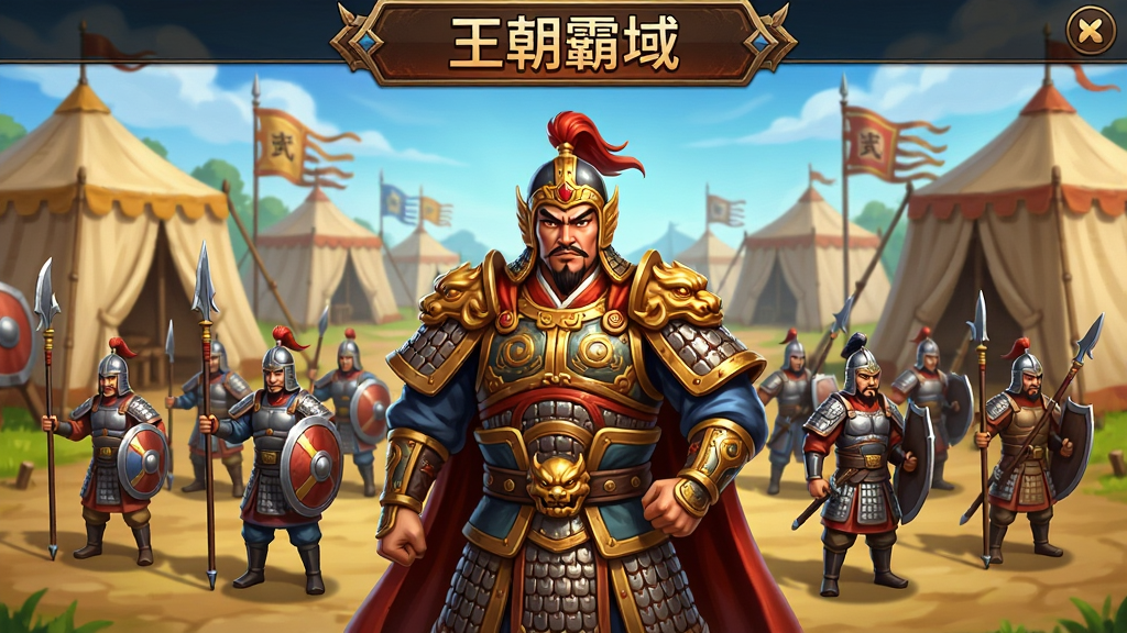 画面展示“王朝霸域”游戏中的武将招募界面,一位身穿华丽铠甲的古代武将站在中央,周围环绕着不同兵种的士兵模型,背景是古代军营帐篷,风格为游戏UI概念图,色彩鲜明,布局清晰,画质高清,无多余装饰