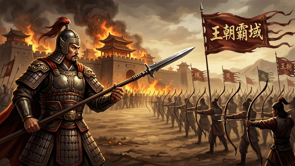 古代中国风格的宏大战场场景,画面左侧是身穿铠甲手持长枪的将军,右侧是排列整齐的弓箭手方阵,背景是燃烧的城池和飘扬的“王朝霸域”战旗,风格为史诗级游戏宣传画,色彩厚重,构图大气,画质精细,无杂乱元素