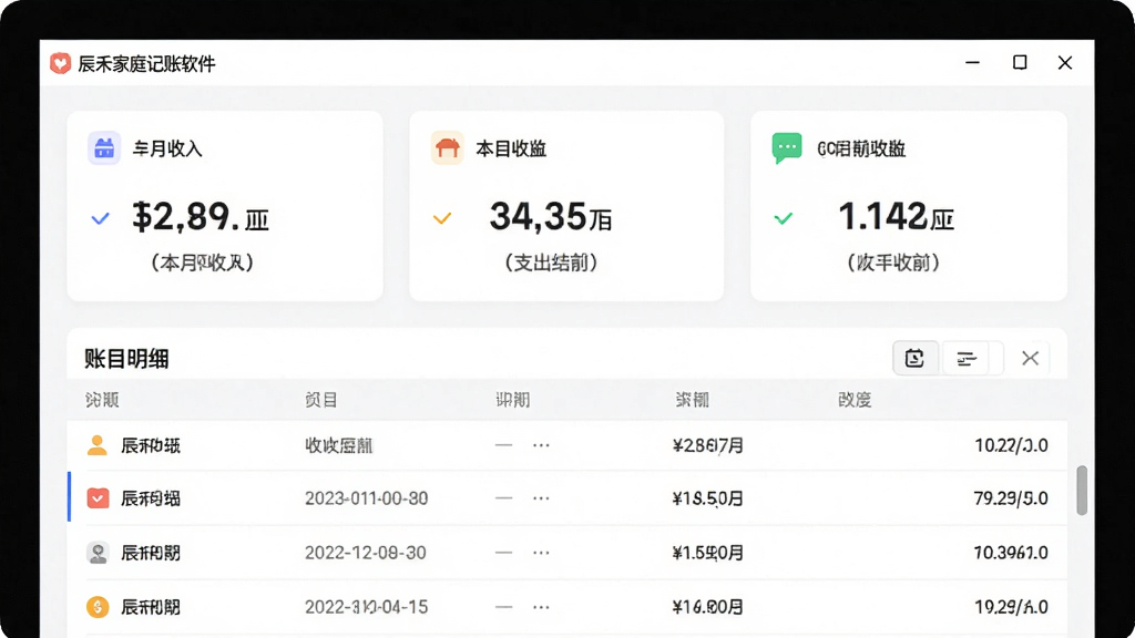 一款名为辰禾家庭记账软件的电脑界面展示图,画面主体是软件主界面,布局采用上下结构,上方为收支概览卡片显示本月收入支出结余,下方为账目明细列表,风格为清爽简约的UI设计风格,细节包括分类图标、金额数字、日期标签,画质高清,干净整洁,无多余元素。