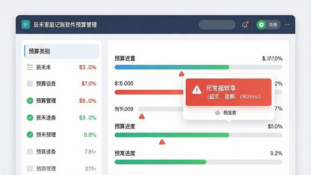 一张展示辰禾家庭记账软件预算管理功能的界面截图风格插画,画面主体是软件预算设置页面,布局采用左右分栏,左侧为预算类别列表,右侧为预算进度条和超支提醒弹窗,风格为现代商务扁平化设计,细节包括百分比数字、红色警示标识、绿色正常标识,画质高清,干净整洁,无多余元素。