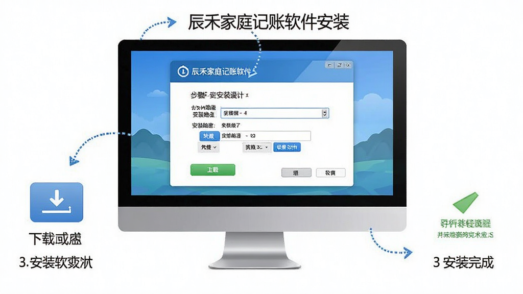 一张展示辰禾家庭记账软件安装步骤的示意图,画面主体是电脑屏幕显示安装向导界面,布局采用分步骤展示,从下载到安装完成共四个步骤,风格为简洁的教程图解风格,细节包括下载按钮、安装路径选择框、完成提示,画质高清,干净整洁,无多余元素。