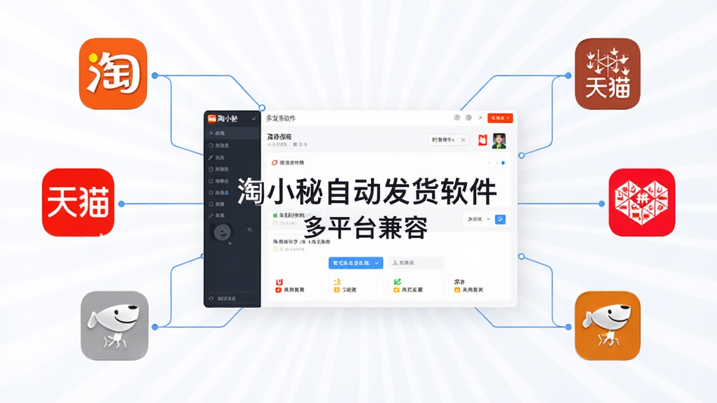 淘小秘自动发货软件多平台兼容展示图,画面中央为软件主界面,周围环绕淘宝、天猫、拼多多、京东等平台图标,界面中文字包含“淘小秘自动发货软件”“多平台兼容”,布局为居中辐射式,风格为现代扁平化设计,细节包含平台标识、连接线条、店铺数量标签,画质高清,干净,无多余元素