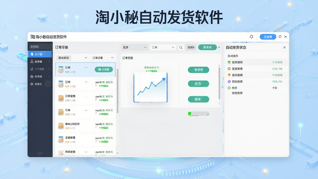 淘小秘自动发货软件主界面全景展示,中央为软件操作面板,左侧为订单列表区域,右侧为自动发货状态监控窗口,顶部为软件名称标题栏,背景为淡蓝色科技风格,界面中文字包含“淘小秘自动发货软件”,布局清晰整齐,风格为现代简约商务风,细节包含订单图标、发货按钮、状态指示灯,画质高清,干净,无多余元素