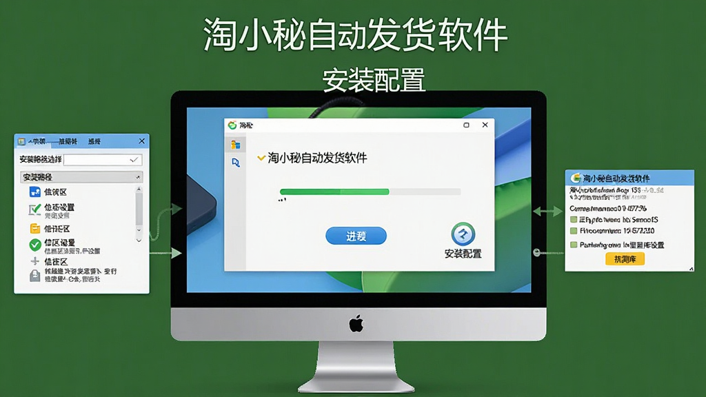 淘小秘自动发货软件安装配置步骤示意图,画面中央为电脑屏幕显示软件安装向导界面,左侧为安装路径选择框,右侧为运行库检测提示,界面中文字包含“淘小秘自动发货软件”“安装配置”,布局为左右分栏式,风格为简洁教程风,细节包含安装按钮、进度条、信任区设置图标,画质高清,干净,无多余元素
