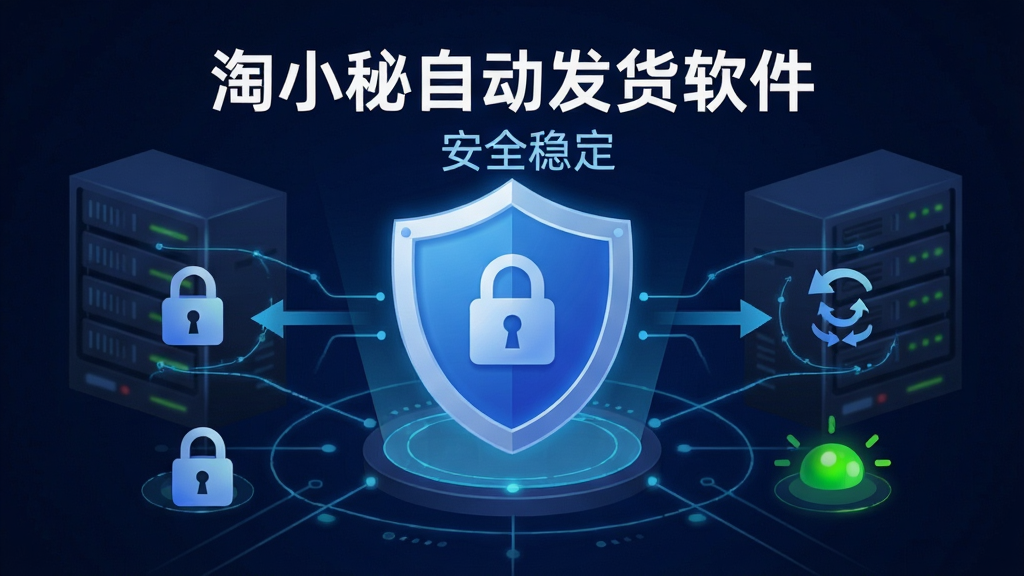 淘小秘自动发货软件安全运行保障示意图,画面中央为软件安全盾牌图标,背景为服务器与网络连接线条,界面中文字包含“淘小秘自动发货软件”“安全稳定”,布局为居中对称式,风格为科技安全风,细节包含锁图标、重连箭头、稳定指示灯,画质高清,干净,无多余元素