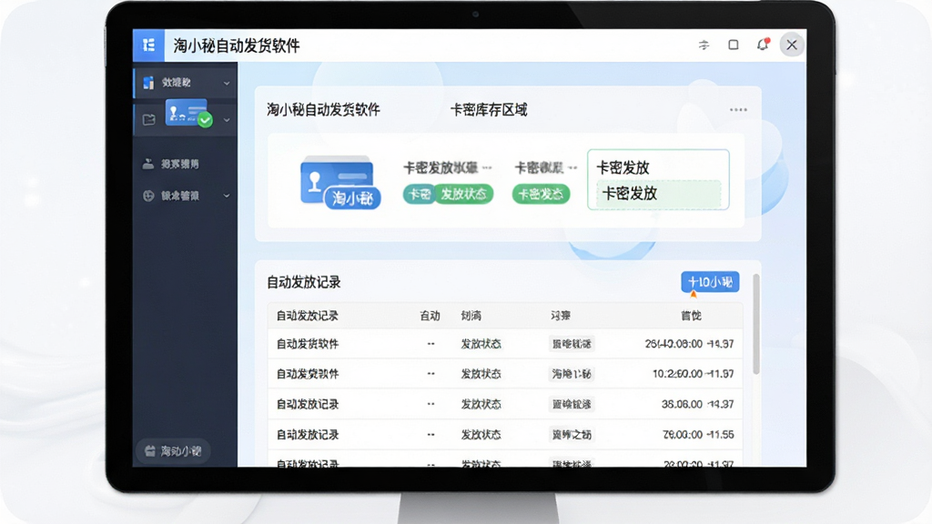 淘小秘自动发货软件卡密自动发放流程示意图,画面中央为软件操作界面,上方为卡密库存导入区域,下方为自动发放记录列表,界面中文字包含“淘小秘自动发货软件”“卡密发放”,布局为上下结构,风格为清新浅色商务风,细节包含卡密图标、发放状态标签、时间记录,画质高清,干净,无多余元素