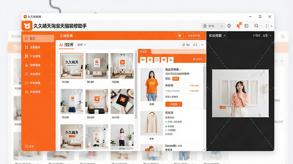 一张软件主界面的整体展示图,画面中央是“久久晴天淘宝天猫装修助手”的软件窗口,窗口内展示着店铺装修模板库与商品详情页编辑区域,左侧是功能导航栏,右侧是可视化预览区,整体布局清晰,采用现代扁平化设计风格,配色以橙色和白色为主,细节处可见按钮、图标与缩略图,画质高清,画面干净,无多余元素