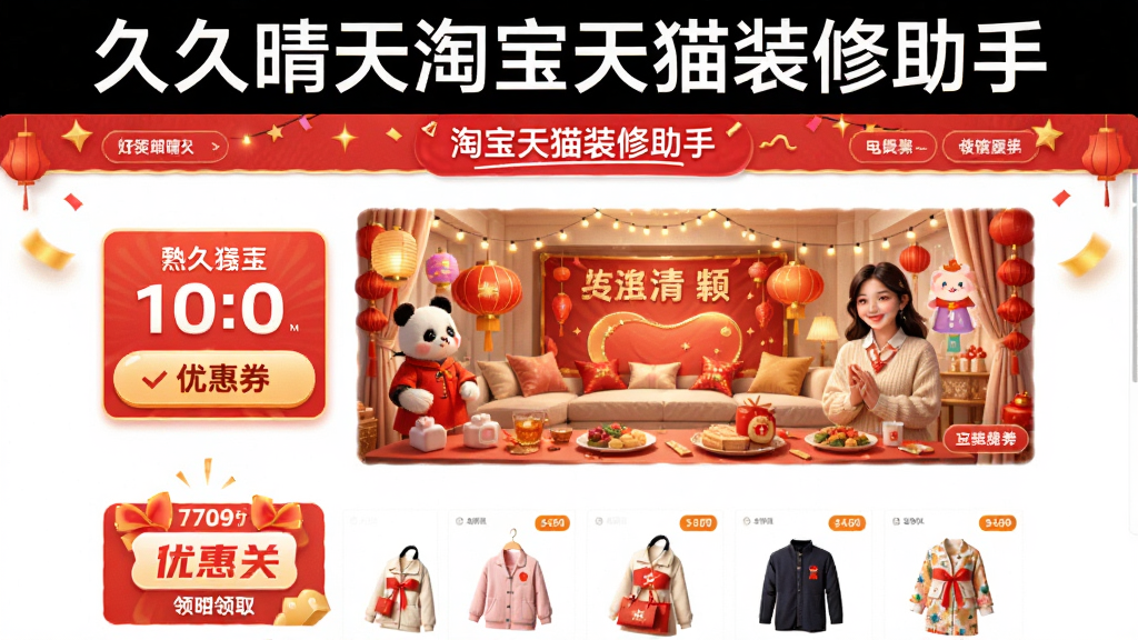 一张展示“久久晴天淘宝天猫装修助手”促销活动模板的图片,画面中是一个节日促销风格的店铺首页预览,带有倒计时模块、优惠券领取按钮和商品展示区,色彩鲜艳,氛围热烈,界面顶部有“久久晴天淘宝天猫装修助手”字样,画质清晰,无多余元素