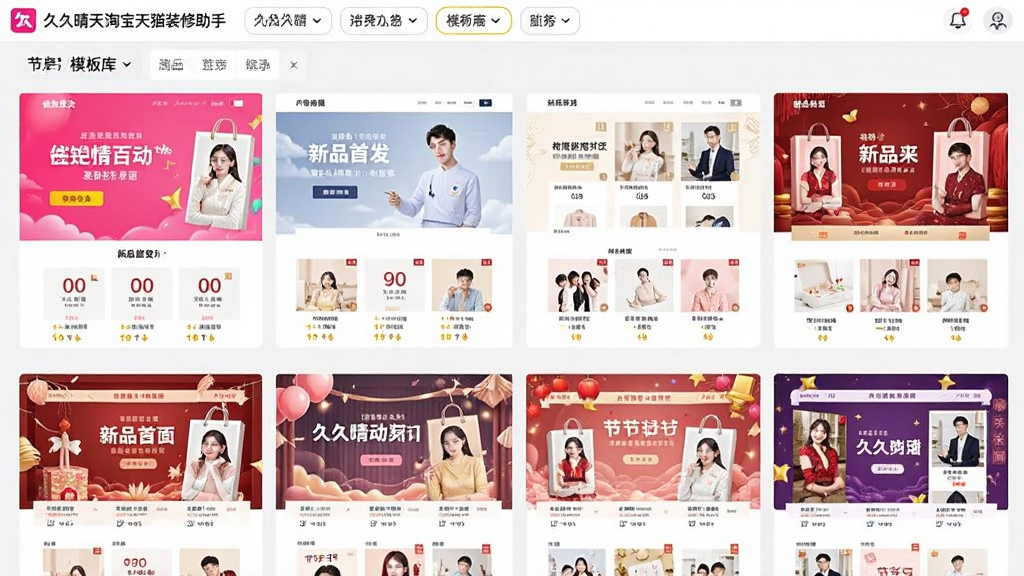 一张展示“久久晴天淘宝天猫装修助手”模板库界面的图片,画面中整齐排列着多套不同风格的电商装修模板缩略图,有促销活动页、新品首发页、节日主题页等,模板颜色丰富,布局规整,界面顶部有分类筛选标签,整体风格简洁专业,画质清晰,无多余元素