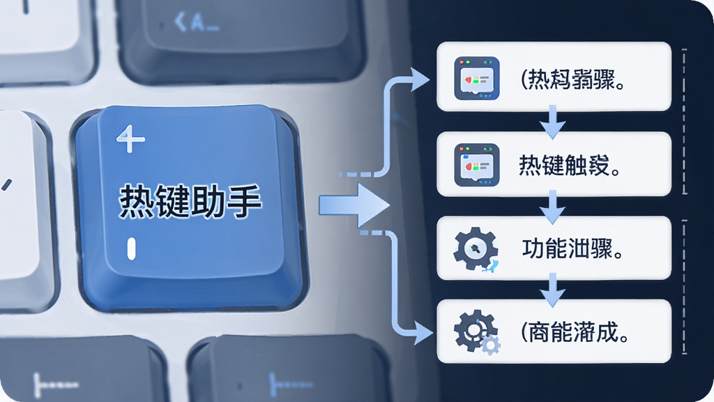 热键助手一键触发多步操作功能展示图,主体为键盘按键特写与自动化流程示意图,布局左侧为按键,右侧为操作步骤列表,排版简洁,风格为扁平化科技插画,细节包含箭头指向、程序图标、齿轮元素,画质清晰,干净整洁,图片中文字标注“热键助手”