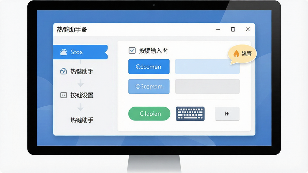 热键助手新手设置界面操作示意图,主体为电脑屏幕展示热键设置向导窗口,布局左侧为步骤导航,右侧为按键输入区域,排版简洁明了,风格为现代扁平化设计,细节包含高亮按钮、提示气泡、键盘图标,画质高清,画面干净,无多余元素,图片中文字标注“热键助手”