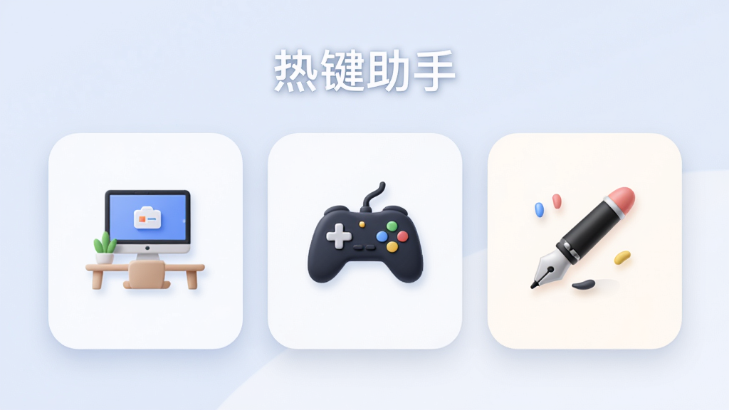 热键助手场景化配置方案示意图,主体为三个并列的场景卡片,布局横向排列,排版均衡,风格为柔和圆角卡片设计,细节包含办公图标、游戏手柄图标、设计笔图标,画质清晰,画面干净,图片中文字标注“热键助手”