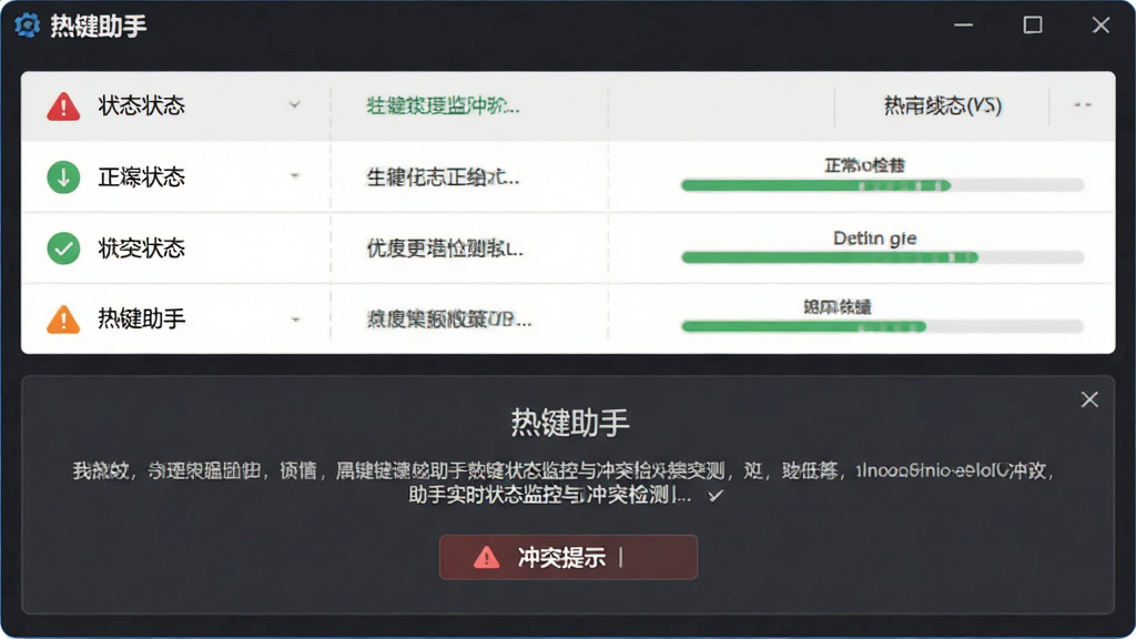 热键助手实时状态监控与冲突检测界面图,主体为软件监控面板与警告提示框,布局上方为状态列表,下方为冲突提示,排版清晰,风格为扁平化商务风,细节包含红色警告图标、绿色正常图标、检测进度条,画质高清,干净整洁,图片中文字标注“热键助手”
