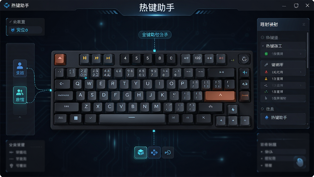 热键助手全键位自定义映射界面图,主体为虚拟键盘与映射设置面板,布局键盘居中,设置选项环绕四周,排版规整,风格为深色科技风,细节包含高亮按键、连接线、功能标签,画质高清,画面干净,无多余元素,图片中文字标注“热键助手”
