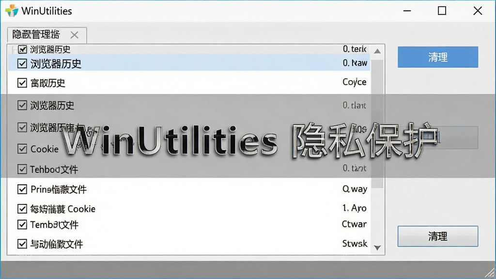 一张展示 WinUtilities 隐私清理功能的图片,画面中软件界面列出浏览器历史、Cookie、临时文件等隐私项目,每个项目前有复选框,右侧有清理按钮,背景为浅灰色,屏幕中显示文字“WinUtilities 隐私保护”,画质清晰,干净,无多余元素