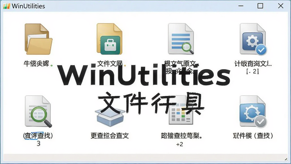 一张展示 WinUtilities 文件工具集的图片,画面中软件界面显示文件粉碎、文件恢复、重复文件查找等工具图标,每个图标下方有简短说明,背景为白色,屏幕中显示文字“WinUtilities 文件工具”,画质清晰,干净,无多余元素