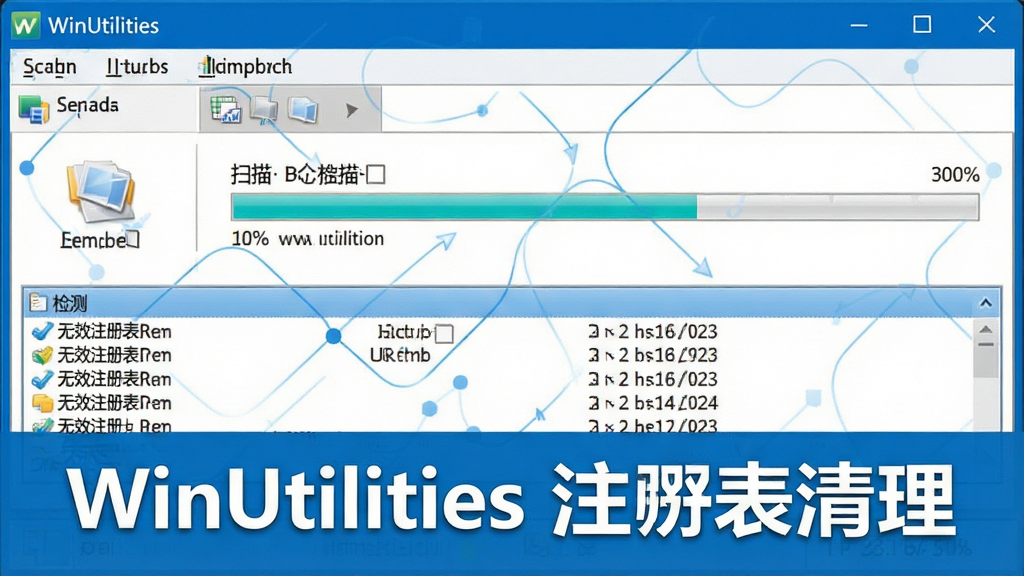 一张展示 WinUtilities 注册表清理功能的图片,画面中软件窗口正在扫描注册表,进度条显示扫描进度,下方列出检测到的无效注册表项,界面采用蓝色与白色配色,屏幕中显示文字“WinUtilities 注册表清理”,画质清晰,干净,无多余元素