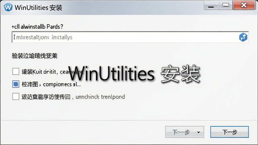 一张展示 WinUtilities 安装向导界面的图片,画面中安装程序正在询问安装路径和组件选项,界面简洁,有“下一步”按钮,屏幕中显示文字“WinUtilities 安装”,画质清晰,干净,无多余元素