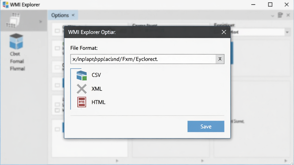 WMI Explorer 软件数据导出功能示意图,画面展示软件界面中的导出对话框,文件格式选项包括 CSV、XML、HTML,背景为浅灰色工作区,布局为居中弹窗,风格为扁平化现代设计,细节包含文件路径选择框、保存按钮、格式图标,画质高清,干净,无多余元素