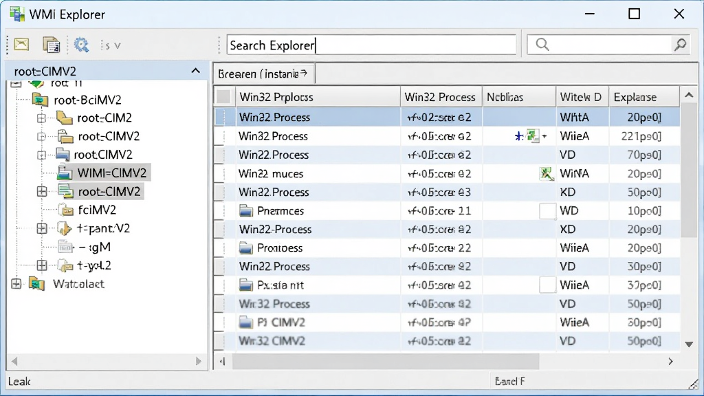 WMI Explorer 软件功能示意图,画面主体为软件界面截图,左侧树形导航栏高亮显示 root\CIMV2 节点,右侧表格展示 Win32_Process 类的实例列表,顶部搜索框输入关键词,布局采用经典三栏式,风格为商务简约浅色主题,细节包含滚动条、列标题、数据行交替底色,画质清晰,干净,无多余元素