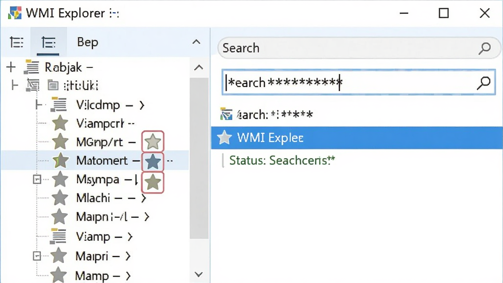 WMI Explorer 软件使用技巧示意图,画面展示软件界面中的书签面板和搜索框,搜索框内显示通配符星号,左侧树形栏中多个类被标记为收藏,布局为左右分栏,风格为清爽浅色主题,细节包含高亮选中的类名、收藏图标、状态提示文字,画质高清,干净,无多余元素