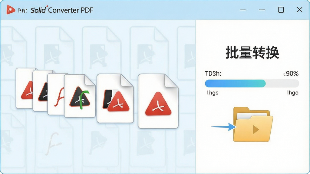 一张展示Solid Converter PDF批量处理功能的示意图,画面中央是多个PDF文件图标排列成队列,右侧是转换进度条与输出文件夹图标,界面显示“批量转换”字样,整体采用清爽浅色风格,配色以浅蓝和白色为主,布局简洁,细节包括文件缩略图、进度百分比、文件夹图标,画质高清,画面干净,无多余元素