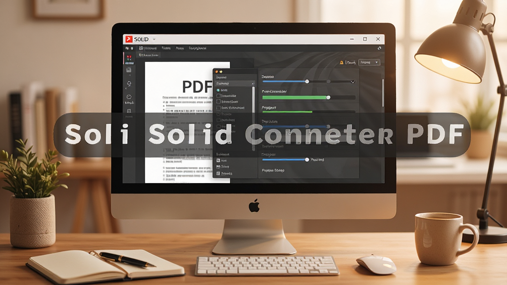 一张展示Solid Converter PDF使用技巧的场景图,画面中央是一台显示器,屏幕上显示PDF转换设置界面,旁边有笔记本和笔,桌面上放着咖啡杯,整体风格为温馨办公风,配色以暖色调为主,画面中标注“Solid Converter PDF”文字,布局自然,细节包括设置选项、进度条、办公用品,画质高清,画面干净,无多余元素