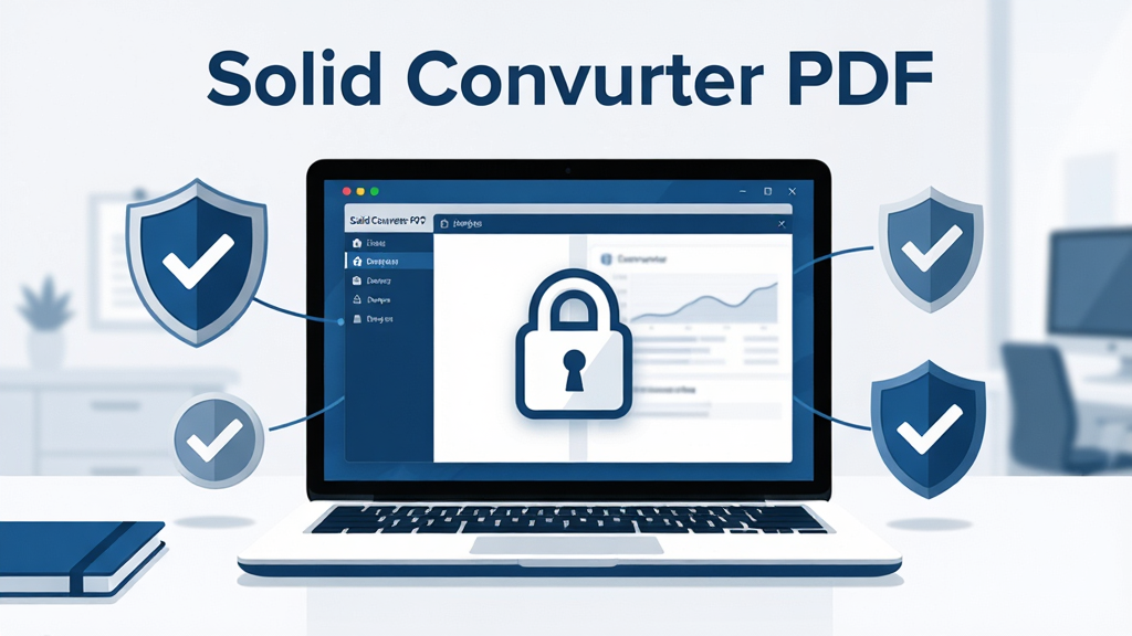 一张展示Solid Converter PDF安全本地运行概念的示意图,画面中央是一台笔记本电脑,电脑屏幕显示软件界面与锁形安全图标,周围有盾牌、对勾等安全元素,背景为简洁的办公桌面,整体风格为商务科技风,配色以深蓝和白色为主,画面中标注“Solid Converter PDF”文字,布局居中,细节包括安全图标、电脑、桌面,画质高清,画面干净,无多余元素