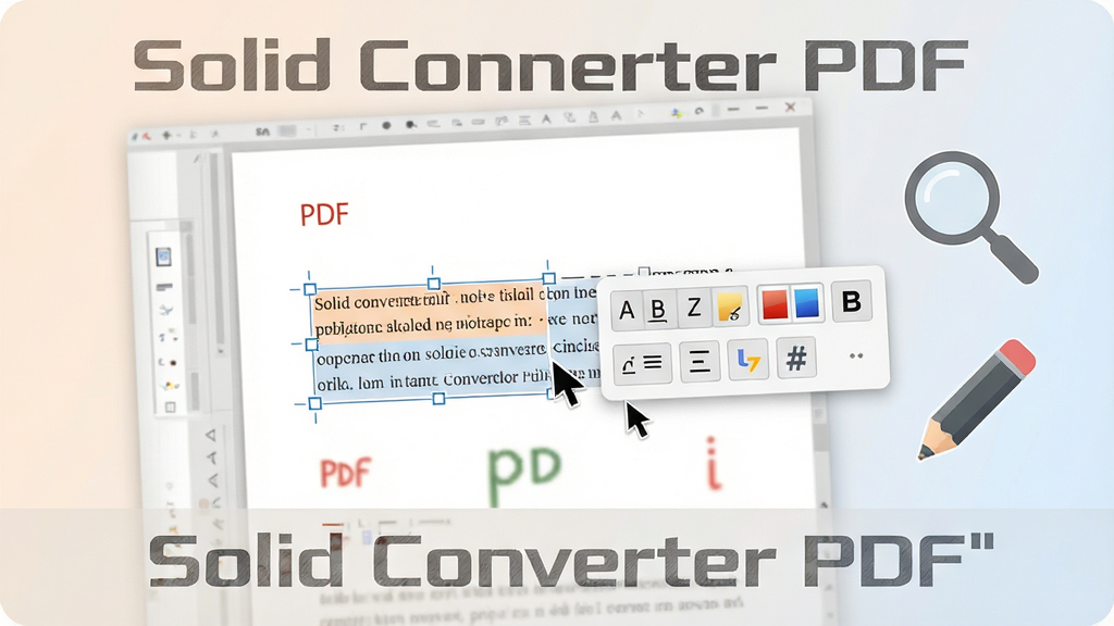 一张展示Solid Converter PDF编辑功能的场景图,画面中央是一份打开的PDF文档,文档中部分文字被选中并显示编辑工具栏,工具栏包含字体、字号、颜色、加粗等按钮,文档旁边有放大镜和铅笔图标,整体风格为简洁办公风,配色柔和,画面中标注“Solid Converter PDF”文字,布局清晰,细节包括光标、选区高亮,画质高清,画面干净,无多余元素