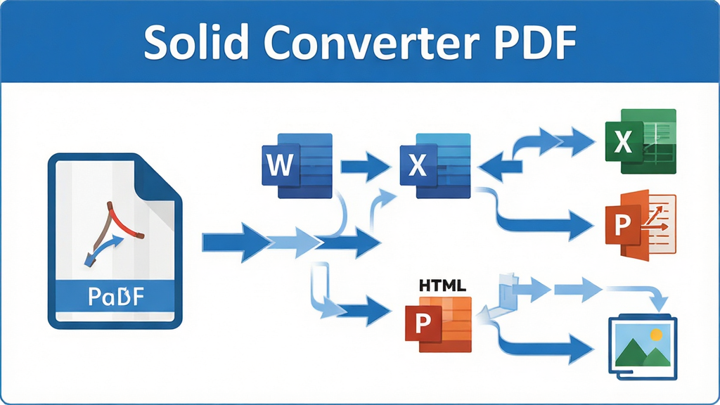 一张展示Solid Converter PDF多格式转换功能的示意图,画面左侧是一个PDF文件图标,右侧分别连接Word、Excel、PPT、HTML、图片等格式图标,中间用箭头表示转换流程,整体采用扁平化设计风格,配色以蓝白为主,画面中央上方标注“Solid Converter PDF”文字,布局对称,细节清晰,画质高清,画面干净,无多余元素