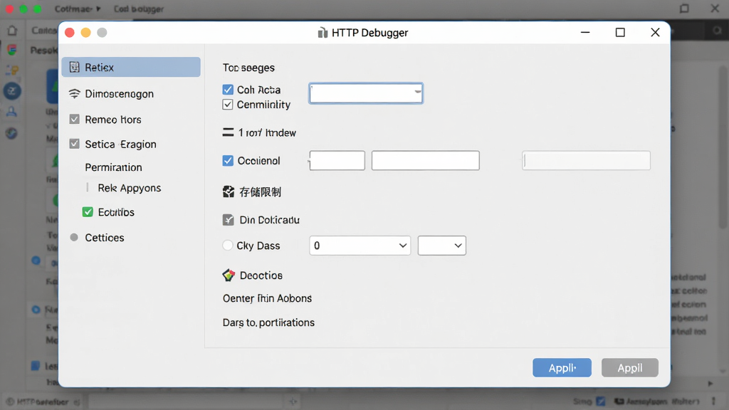 HTTP Debugger 软件设置界面预览图,主体为软件窗口中的设置面板,布局为左侧导航栏加右侧选项区域,包含证书管理、抓包过滤、存储限制等选项;排版清晰,风格为简洁工具类浅灰色主题;细节包括复选框、输入框、下拉菜单、应用按钮;画质高清,界面干净,无多余元素,背景为软件默认工作区。