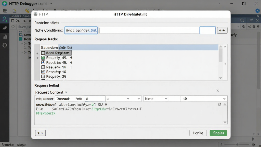 一张展示 HTTP Debugger 软件断点拦截功能的界面图,主体为软件窗口中的断点编辑对话框,布局为上下结构,上方为规则设置区域,下方为请求内容预览区;排版紧凑,风格为专业工具类浅色主题;细节包括断点条件输入框、请求头列表、响应体编辑框、启用按钮;画质清晰,界面干净,无多余元素,背景为软件默认工作区。