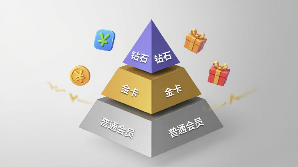 画面中展示一个三维的会员等级金字塔模型,金字塔从下到上分为普通会员、银卡会员、金卡会员、钻石会员四个层级,每个层级用不同颜色区分。金字塔旁边漂浮着积分图标和礼品盒图标。背景为浅灰色渐变,风格简洁现代,画质清晰,干净无多余元素。