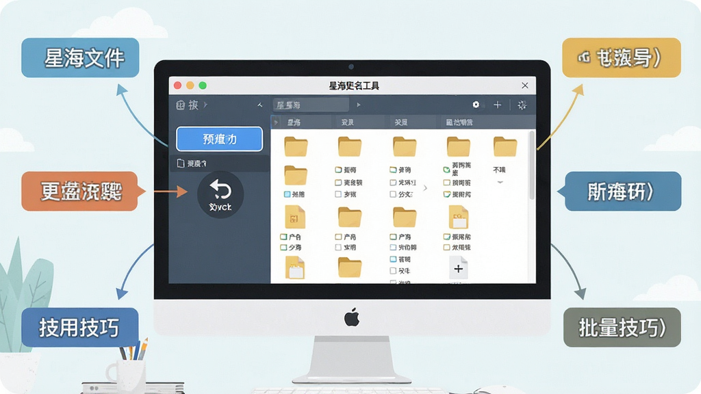 一张展示星海文件批量更名工具使用技巧的场景图,主体为电脑屏幕显示软件操作界面与文件列表,布局为居中屏幕加周围操作提示标签,排版清晰,风格为扁平插画风,细节包括预览按钮高亮、撤销图标、文件夹图标,画质高清,画面干净,无多余元素