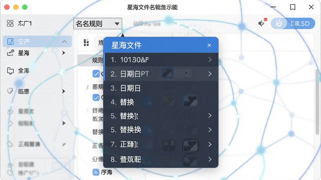 一张展示星海文件批量更名工具多规则命名功能的示意图,主体为软件界面中命名规则下拉菜单展开状态,布局为中央弹出规则选择面板,排版为纵向列表,风格为清爽科技风,细节包括序号、日期、替换、正则等选项文字,画质高清,画面干净,无多余元素