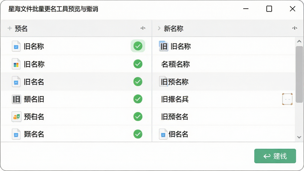 一张展示星海文件批量更名工具预览与撤销功能的场景图,主体为软件界面中文件新旧名称对照列表,布局为上下分栏,排版左侧旧名右侧新名,风格为简约办公风,细节包括绿色预览标记、撤销按钮图标,画质高清,画面干净,无多余元素