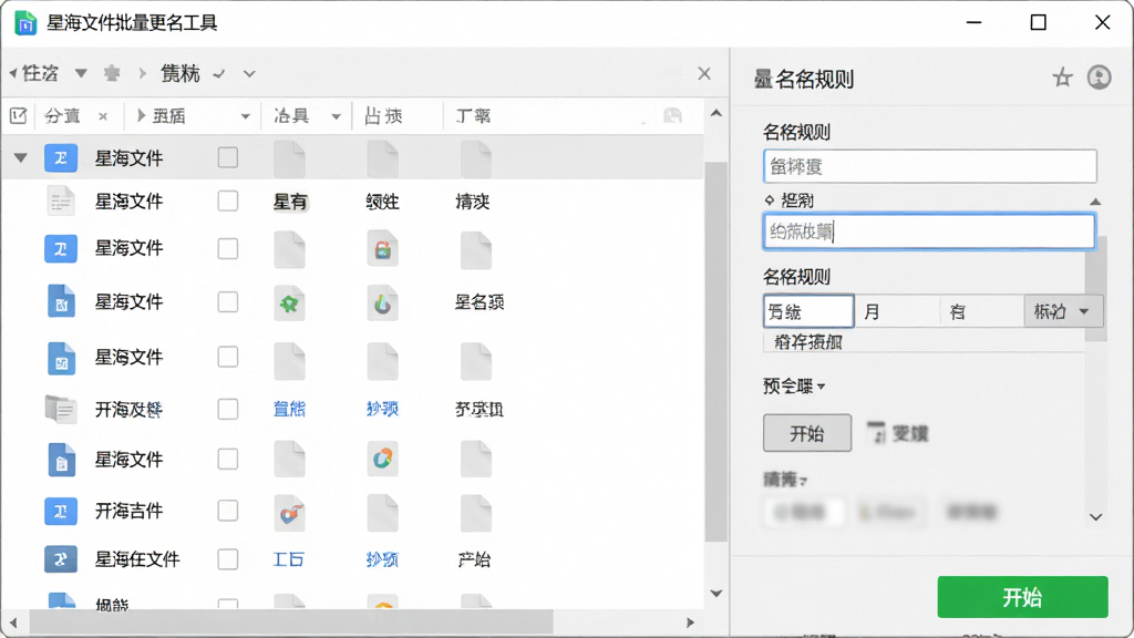 一张展示星海文件批量更名工具软件界面的预览图,主体为软件主窗口,布局左侧为文件列表区、右侧为命名规则设置面板,排版清晰整齐,风格为现代简约商务风,细节包括文件图标、输入框、预览按钮、绿色开始按钮,画质高清,画面干净,无多余元素