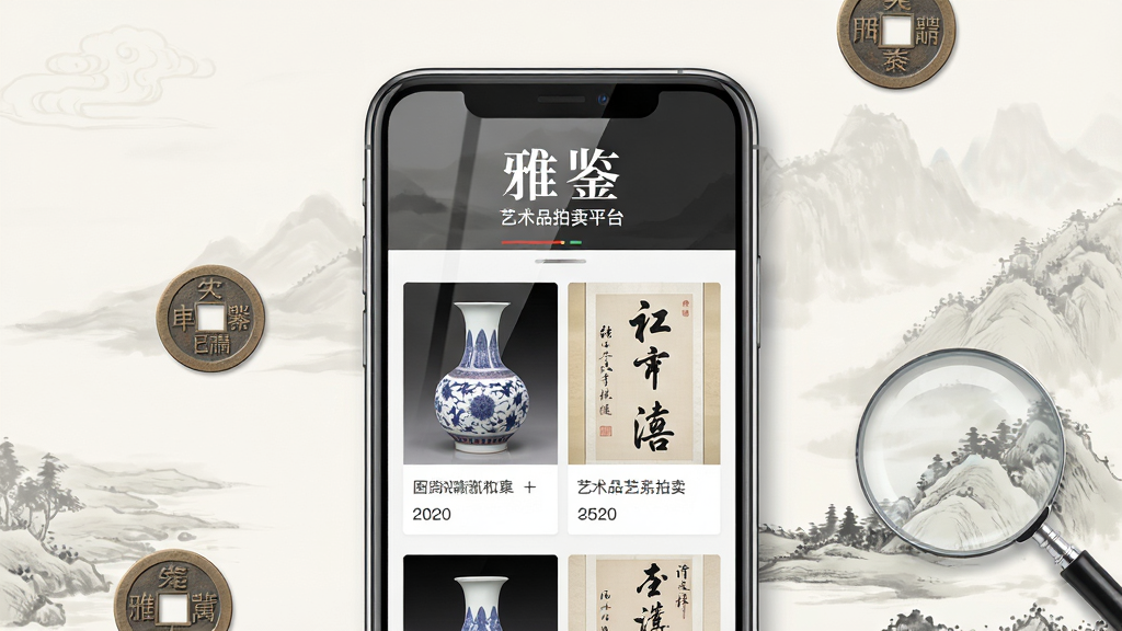 一幅展示“雅鉴”艺术品拍卖平台的宣传图,主体为一部智能手机,屏幕上显示着精美的中国古瓷器与书画拍卖列表,布局采用居中构图,背景是淡雅的水墨山水风格,排版简洁大气,风格为现代扁平化与中式美学结合,细节上手机屏幕有清晰的反光质感,周围点缀着几枚古钱币和放大镜元素,画质高清,画面干净,无多余元素。
