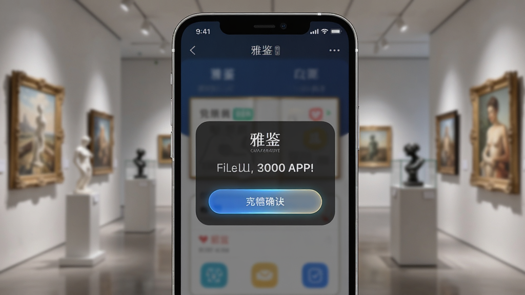 一部手机屏幕显示“雅鉴”APP的竞拍出价确认弹窗,背景是模糊的艺术品展厅,布局为手机居中特写,风格为写实科技风,细节上弹窗按钮有微微发光效果,画质清晰,画面干净,无多余元素。