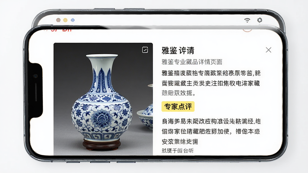 一幅展示“雅鉴”专业藏品详情页面的示意图,主体为一部手机屏幕特写,屏幕上显示着一件青花瓷器的多角度高清图片和详细的文字说明,布局采用左右分栏,左侧为图片,右侧为文字,风格为简洁的电商详情页风格,细节上文字部分有高亮的“专家点评”标签,画质清晰,画面干净,无多余元素。