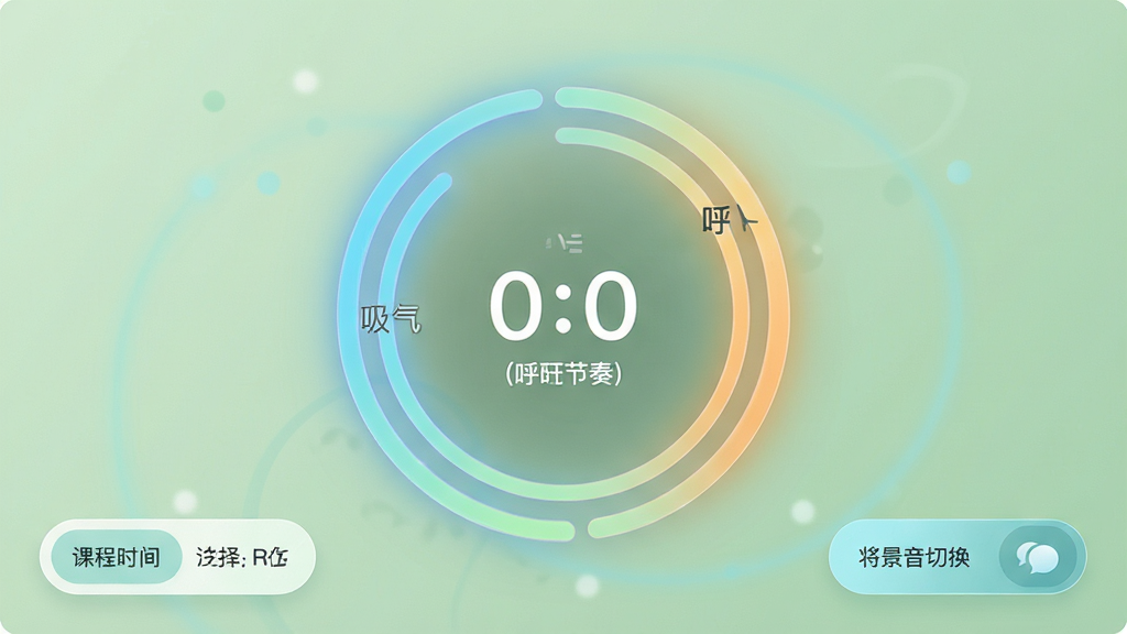 星愈应用内呼吸训练界面展示,主体为动态呼吸引导圆圈,布局居中显示吸气与呼气节奏提示,排版包含课程时长选择与背景音切换按钮,风格为清新浅色治愈系,细节有柔和的渐变光晕、简洁的数字计时、圆润的视觉元素,画质高清,干净,无多余元素