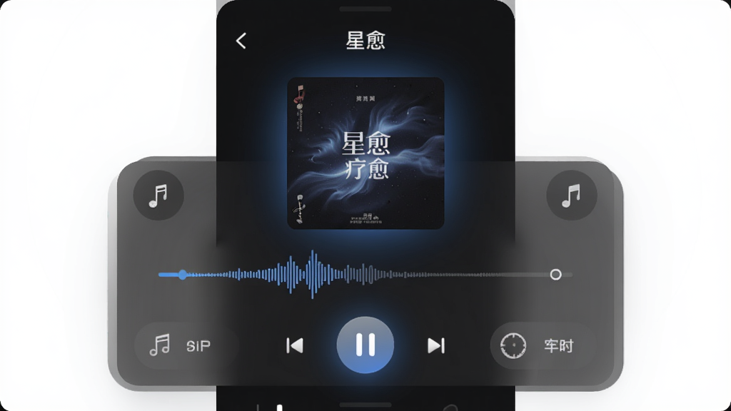 星愈应用内声音疗愈界面截图,主体为播放器控制面板,布局居中显示专辑封面与波形进度条,排版包含播放暂停按钮与定时器选项,风格为深色沉浸式设计,细节有柔和的蓝色光晕、半透明控件、极简图标,画质高清,干净,无多余元素