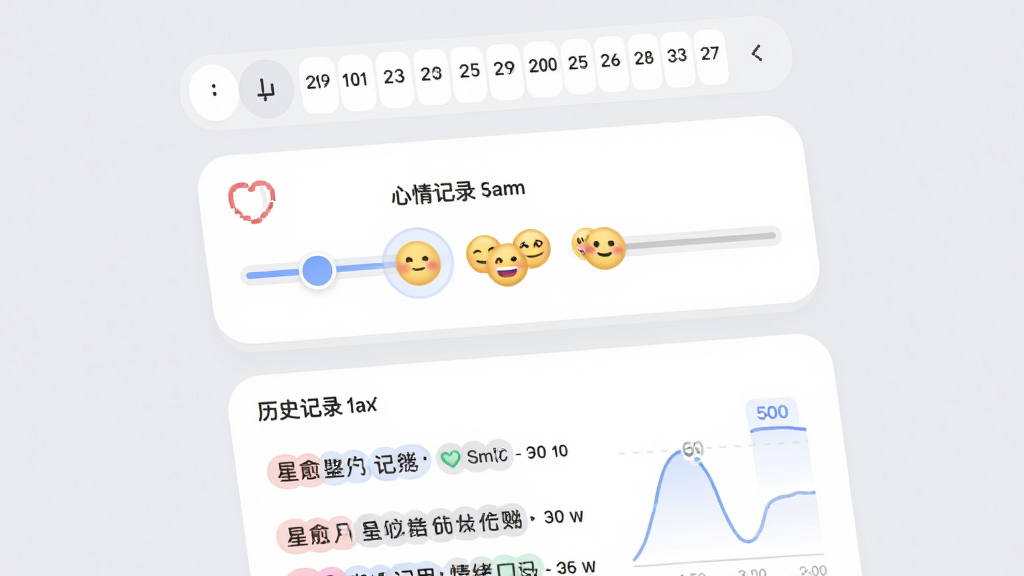 星愈应用情绪日记界面展示图,主体为心情记录卡片与月度情绪曲线图,布局上方显示日期选择器,中央为表情评分滑动条,下方为历史记录列表,风格为柔和圆角卡片式设计,细节包含彩色心情标签、简洁的折线图、浅灰色背景,画质高清,干净,无多余元素