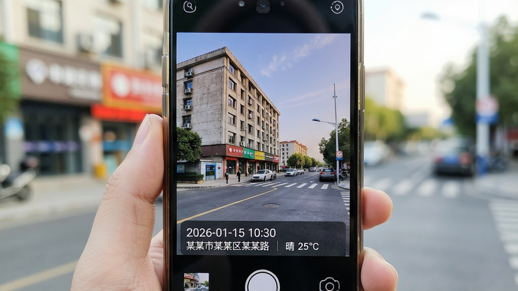 一部智能手机正在拍摄户外场景,取景框内显示一栋建筑和街道,照片底部自动生成一条半透明水印栏,上面清晰标注着“2026-01-15 10:30”“某某市某某区某某路”“晴 25℃”等文字信息,画面风格写实清新,布局为手机特写居中,细节丰富,画质高清,干净无多余元素