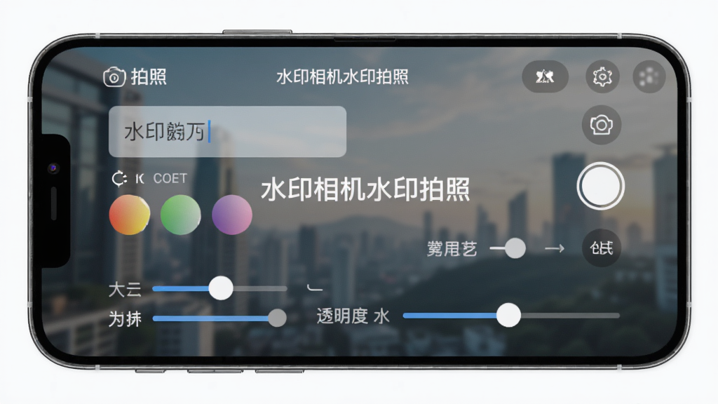 手机屏幕显示水印相机水印拍照的自定义编辑界面,画面中有文字输入框、颜色选择器、字体大小滑块和透明度调节条,背景为手机操作界面,布局清晰,风格现代科技感,细节精致,画质高清,干净无多余元素,图片中文字为“水印相机水印拍照”
